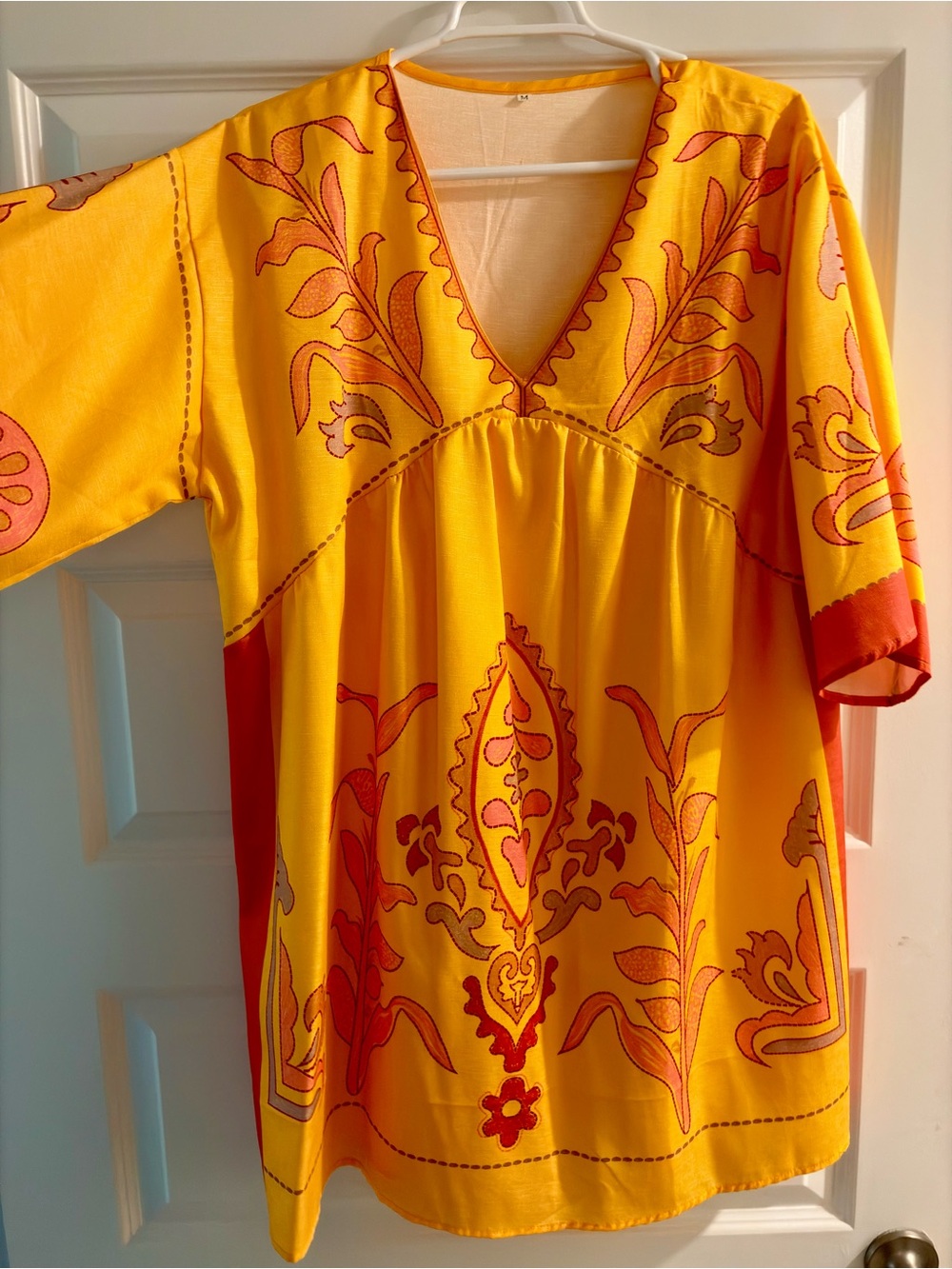 Yellow V-Neck Casual Dress with Coral Floral Print